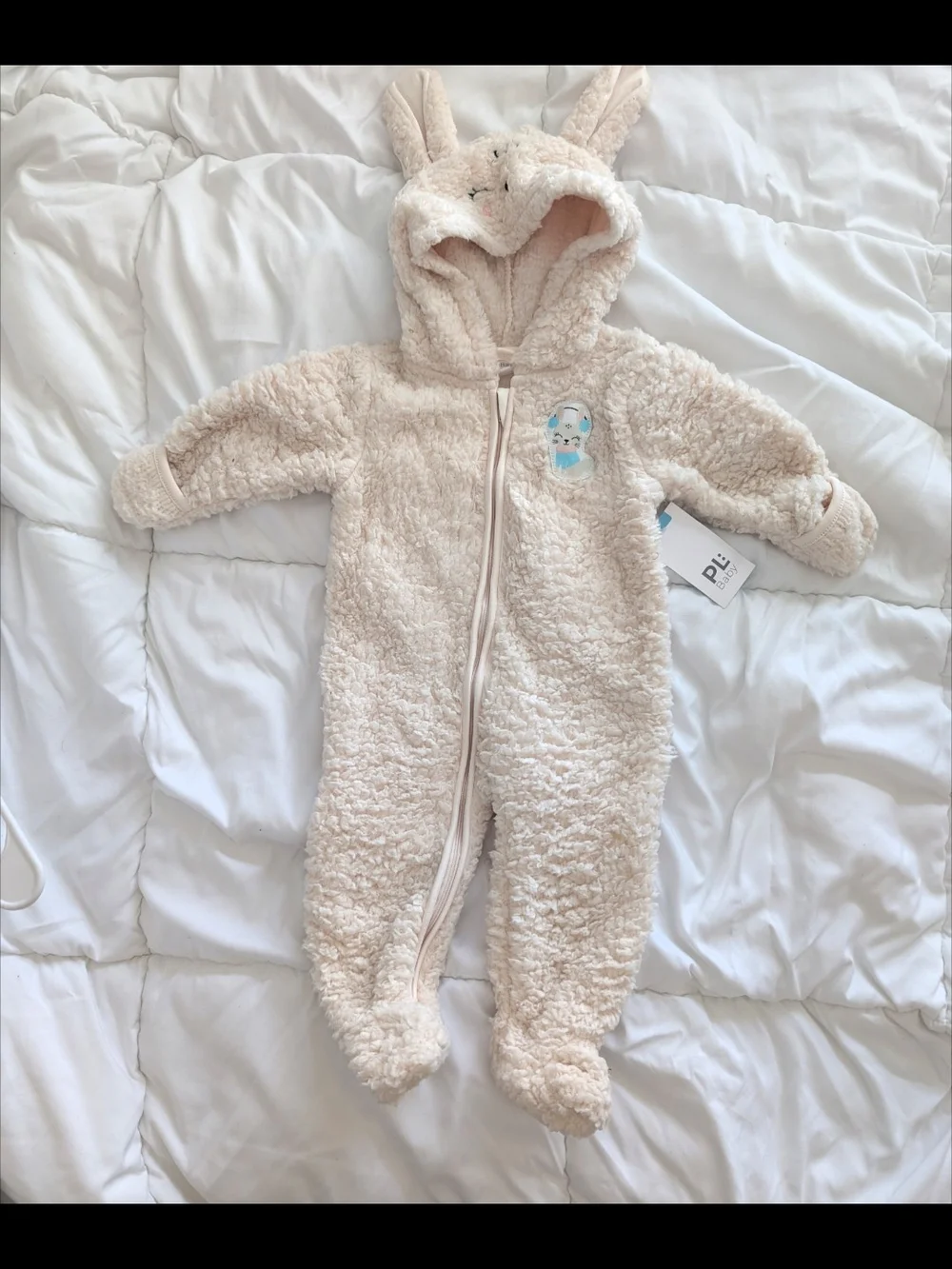Petit Lem Plush Bunny Hooded Footed One-Piece - Pale Blush